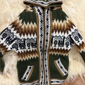 Green and Brown Knit Sweater with Animal Pattern